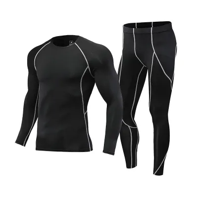 Men's Fashion Contrast Color Long-Sleeve T-Shirt Tight Pants Quick-Dry Sports Two-Piece Set