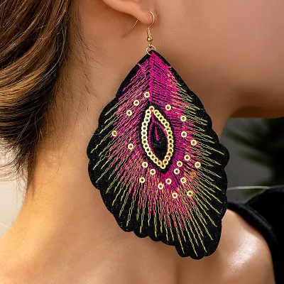 Women Fashion Retro Boho Feather Embroidery Sequins Earrings
