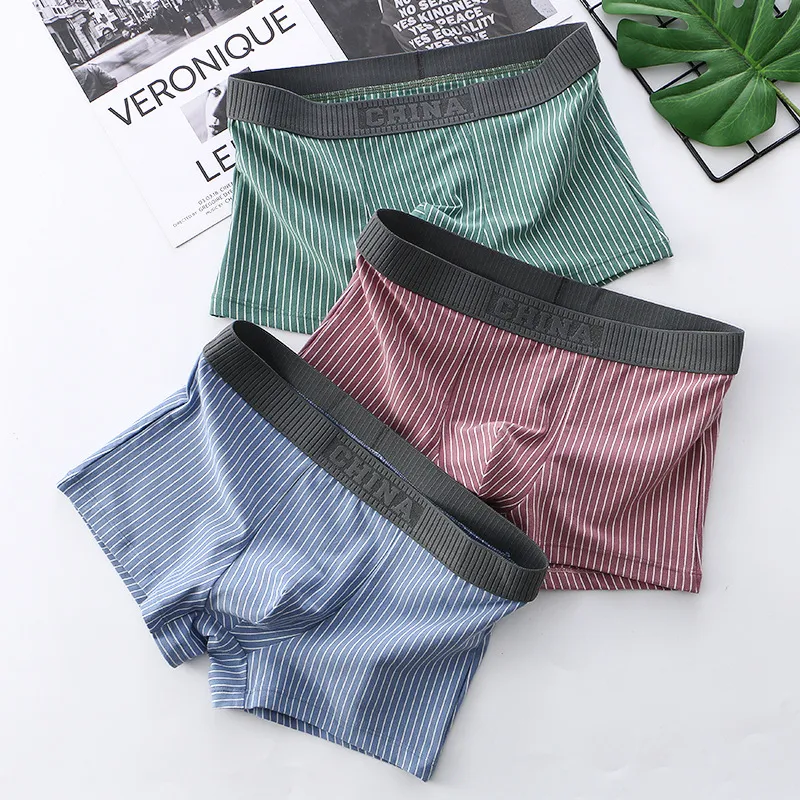 Men's Fashion Casual Stripe Cotton Breathable Underwear Mid-Waist