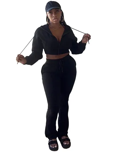 Women Fleece-Lined Velvet Sweatshirt Hoodie Slim-Fit Pants Two-Piece Set