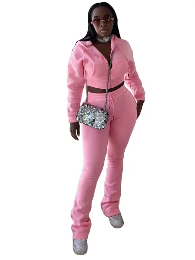 Women Fleece-Lined Velvet Sweatshirt Hoodie Slim-Fit Pants Two-Piece Set