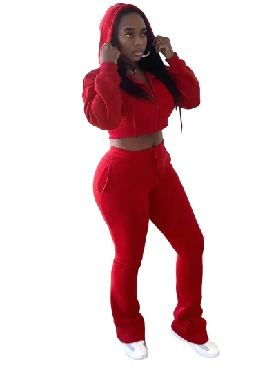 Women Fleece-Lined Velvet Sweatshirt Hoodie Slim-Fit Pants Two-Piece Set