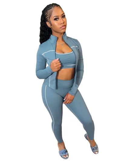 Women Fashion Athleisure Sexy Tube Top Zipper Long Sleeve Jacket Tight Pants 3 Pieces Set