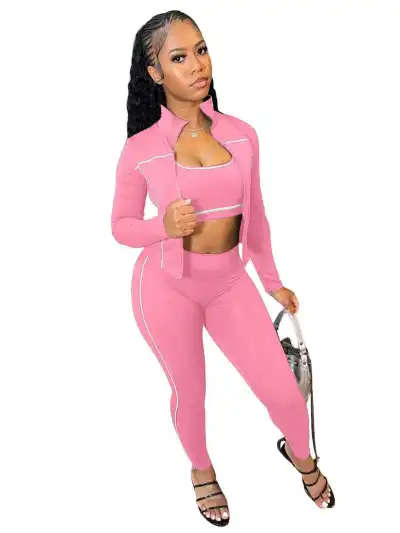 Women Fashion Athleisure Sexy Tube Top Zipper Long Sleeve Jacket Tight Pants 3 Pieces Set