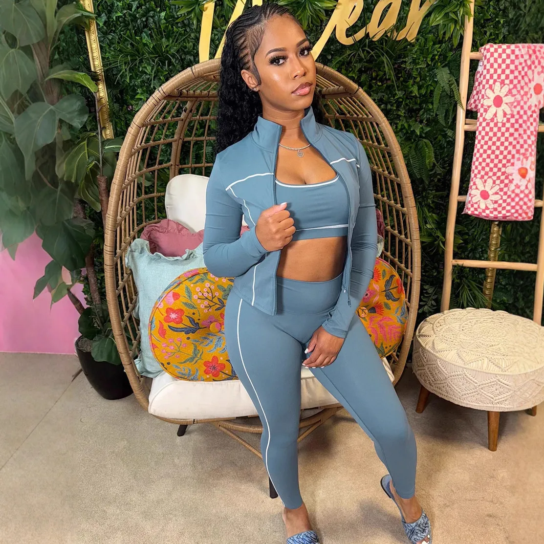 Women Fashion Athleisure Sexy Tube Top Zipper Long Sleeve Jacket Tight Pants 3 Pieces Set