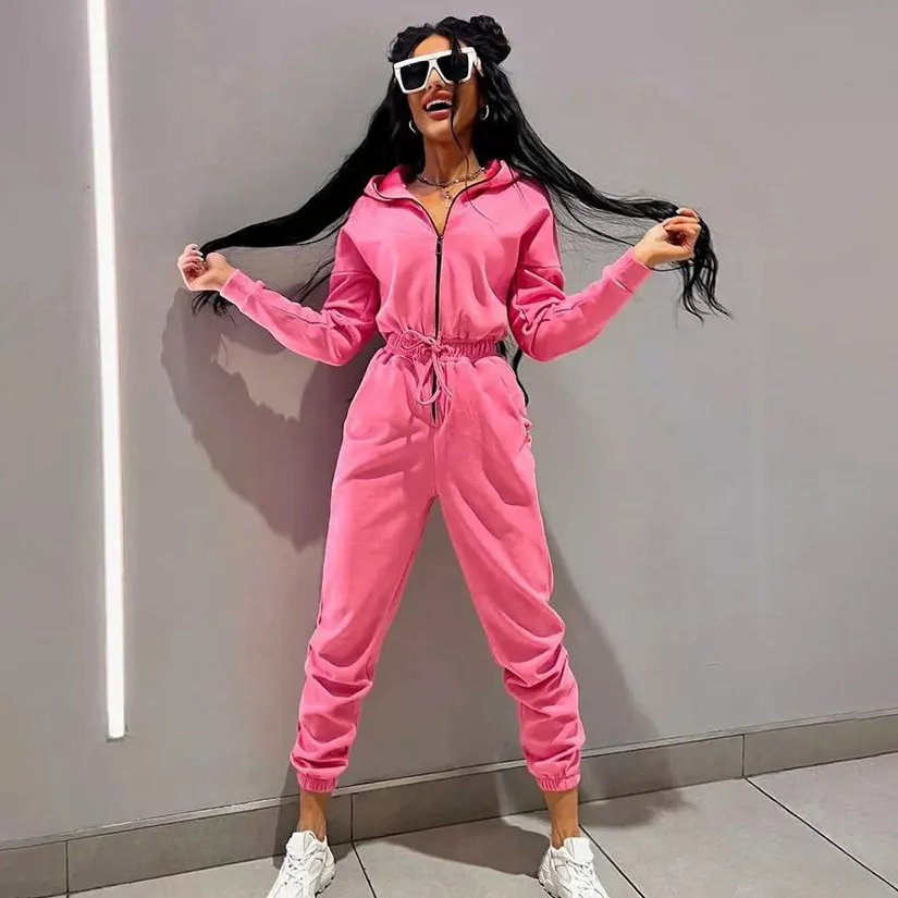 Women Casual Solid Color Long-Sleeve Drawstring Hoodies Jumpsuit