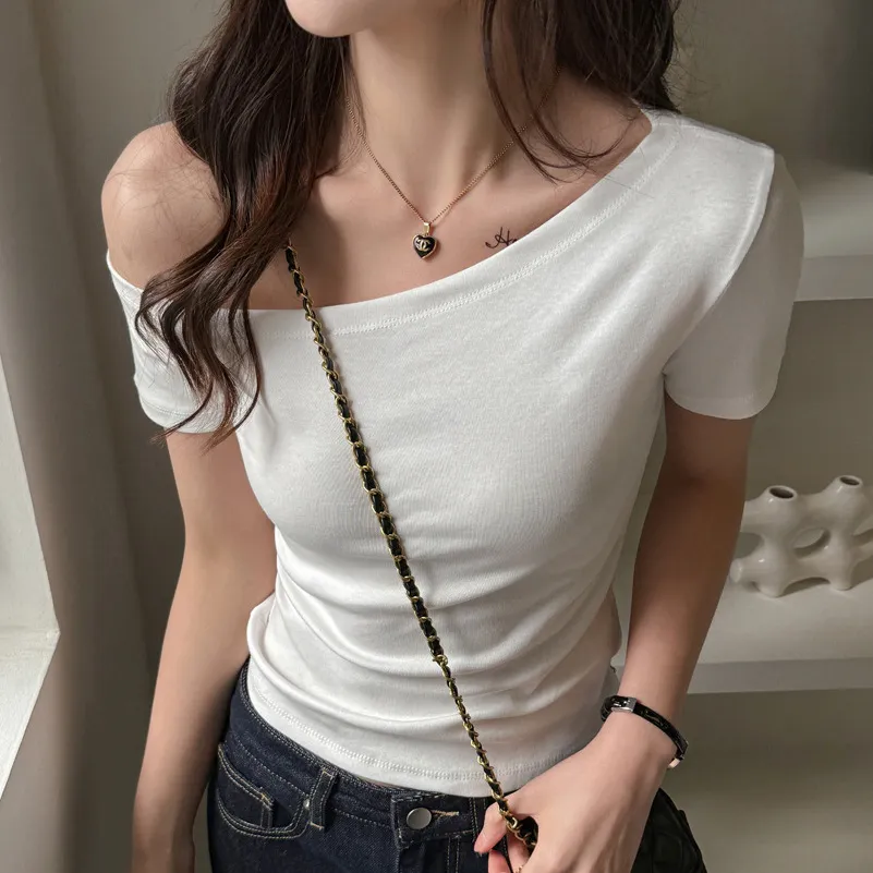 Women's Sexy Solid Color Slanted Shoulder Short-Sleeve Slim-Fit T-Shirt