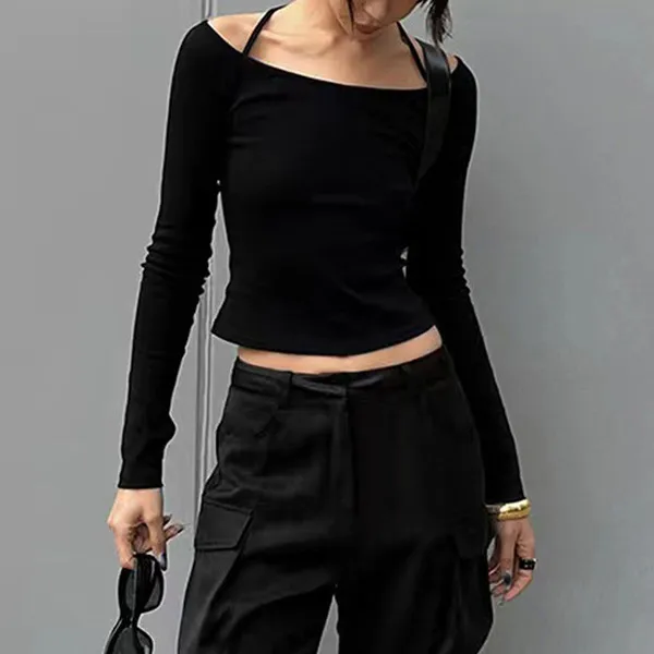 Women Fashion Casual Solid Color Halter Neck Long Sleeve Slim Fit T-Shirt