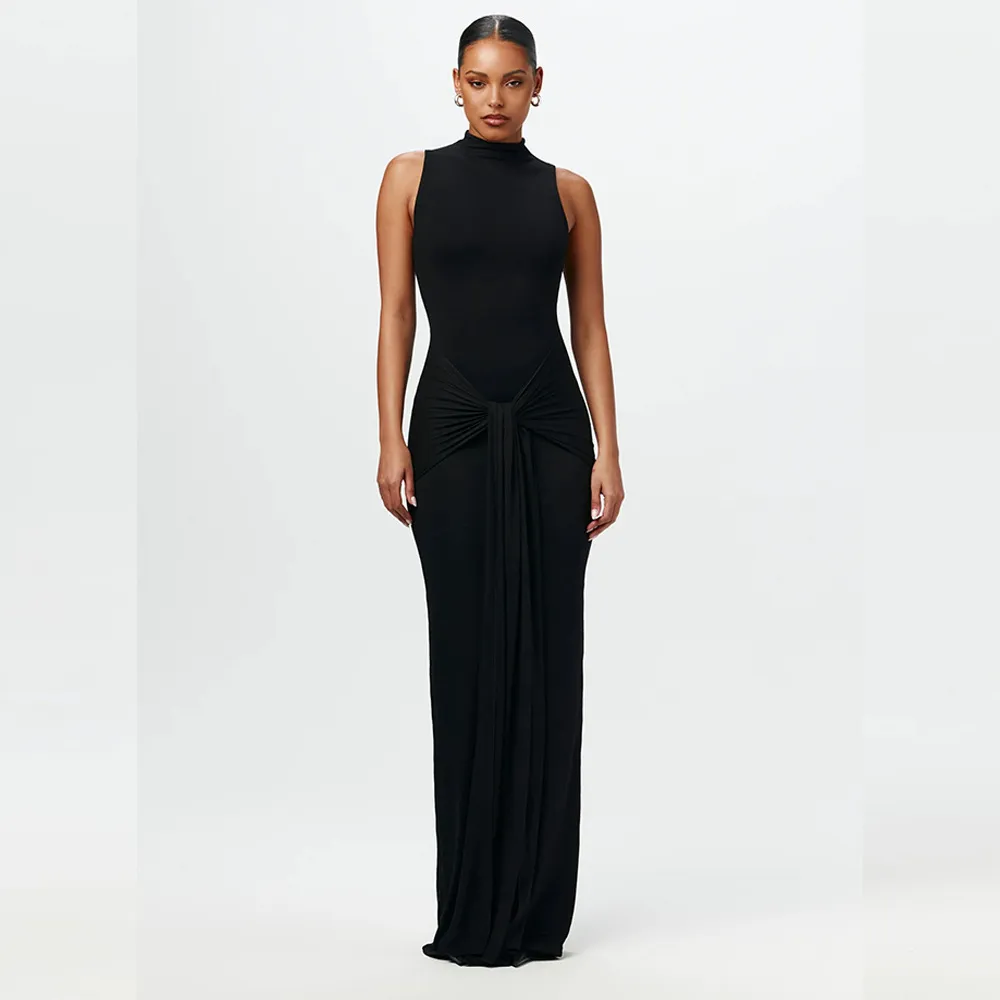 Women Elegant Solid Color Round Neck Sleeveless Slim-Fit Maxi Dress