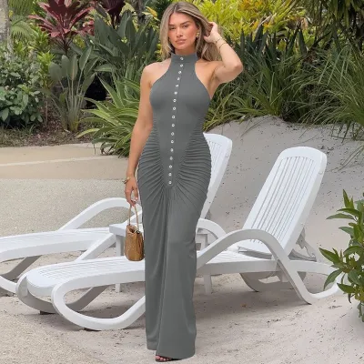 Women Sexy Solid Color Round Neck Sleeveless Button Slim-Fit Pleated Maxi Dress
