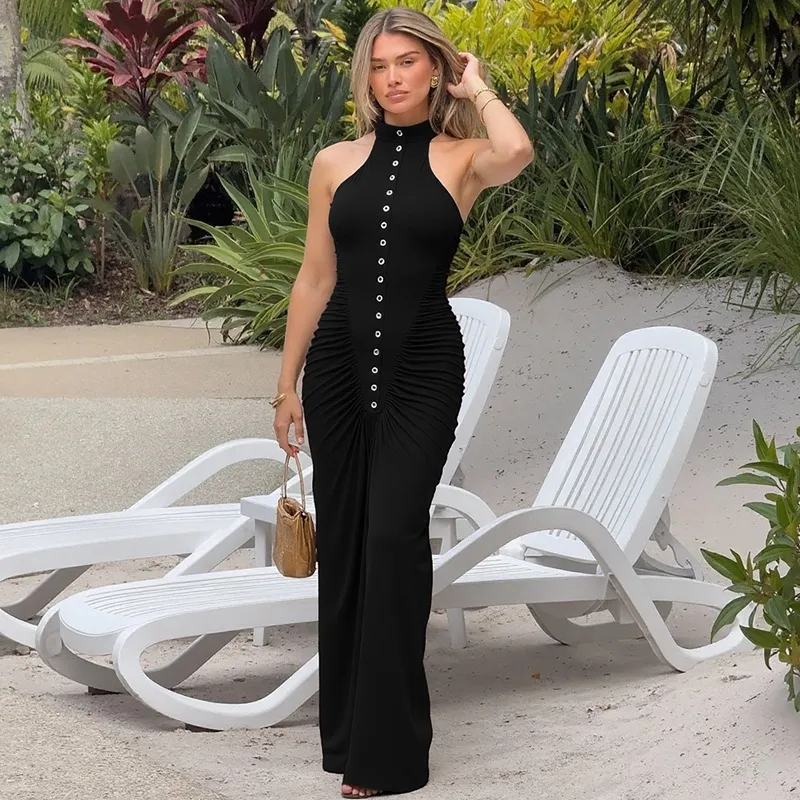 Women Sexy Solid Color Round Neck Sleeveless Button Slim-Fit Pleated Maxi Dress