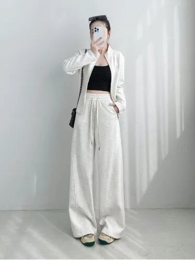 Women's Casual Solid Color Long-Sleeve Slim-Fit Coat Wide Leg Pants Set