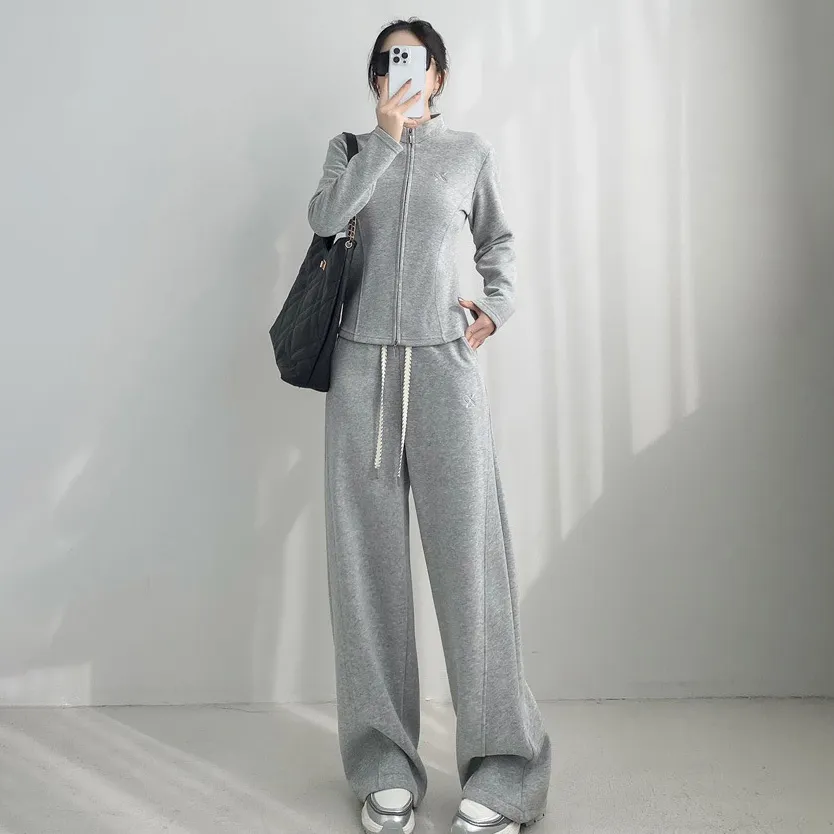 Women's Casual Solid Color Long-Sleeve Slim-Fit Coat Wide Leg Pants Set