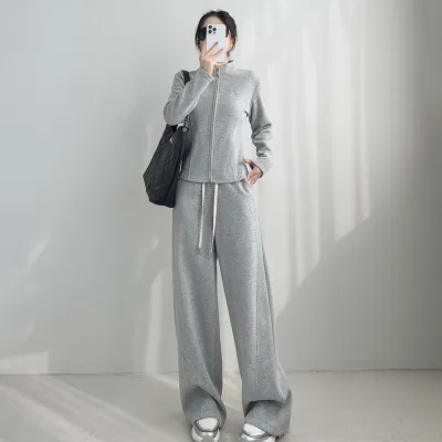 Women's Casual Solid Color Long-Sleeve Slim-Fit Coat Wide Leg Pants Set
