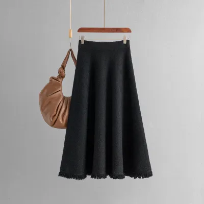 Women Casual High Waist Knitted Skirt Solid Color Midi