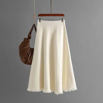 Women Casual High Waist Knitted Skirt Solid Color Midi