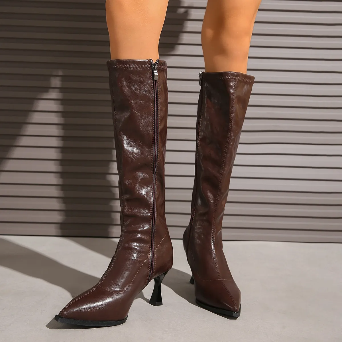 Women's Fashion Casual Solid Color Pointed Toe Side Zipper Thin High Heel Knee-Length Boots