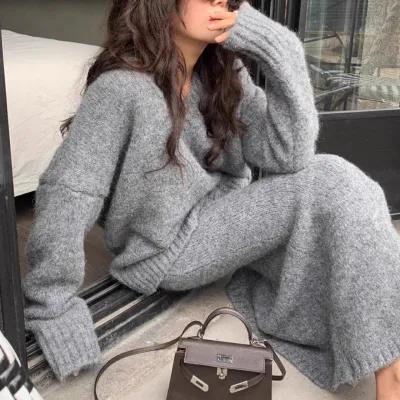 Women Casual Autumn Winter Solid Color V-Neck Sweater Knitted Skirt Two-Piece Set
