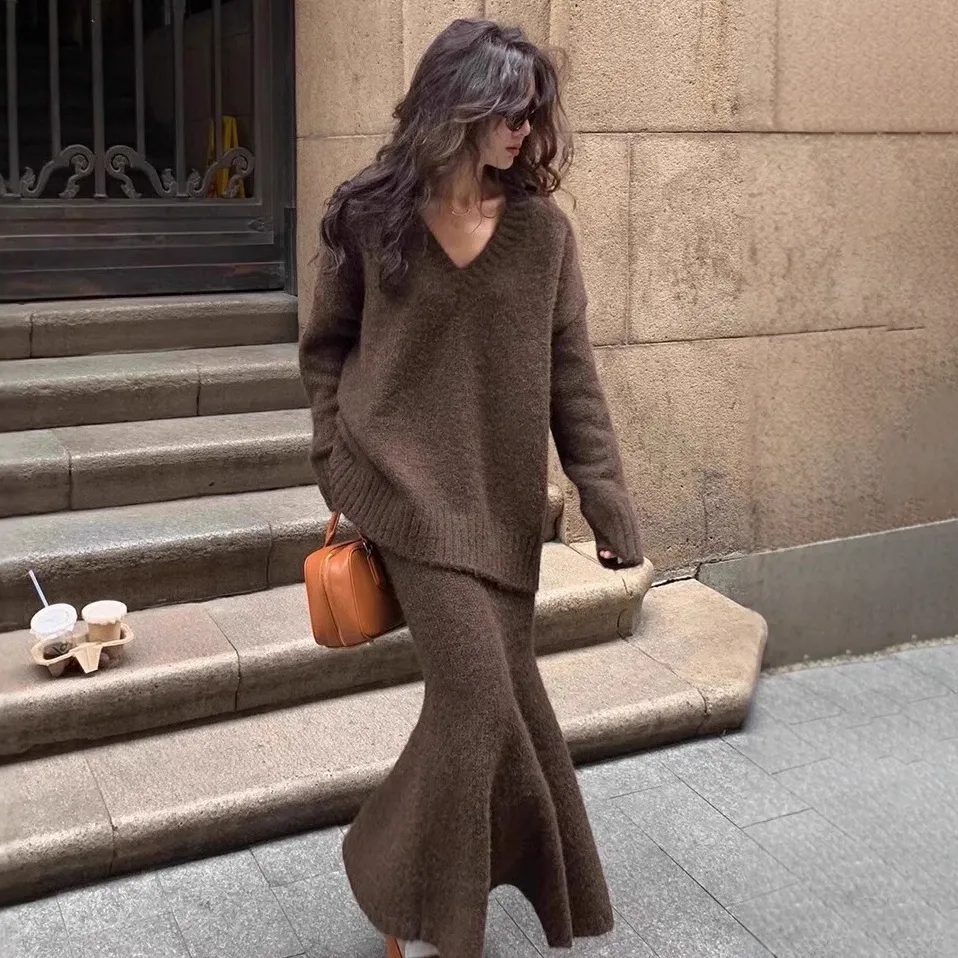 Women Casual Autumn Winter Solid Color V-Neck Sweater Knitted Skirt Two-Piece Set