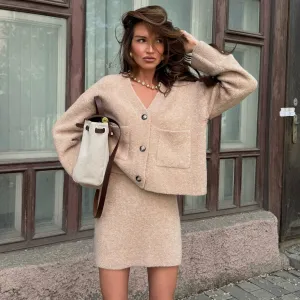 Women Elegant Autumn Winter Solid Color V-Neck Long-Sleeve Cardigan Slim Fit Skirt Set