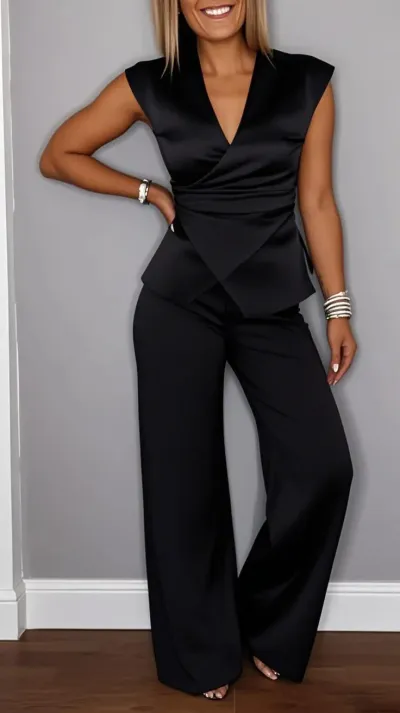 Women Casual Solid Color Pleated V-Neck Tank Top Loose Pants Two-Piece Set