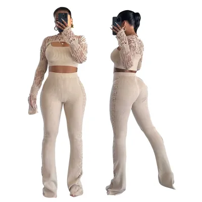 Women Casual Solid Color Hollow Knitted Tank Top Long Sleeve Crop Top Tight Pants Set