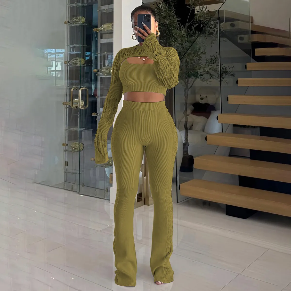 Women Casual Solid Color Hollow Knitted Tank Top Long Sleeve Crop Top Tight Pants Set