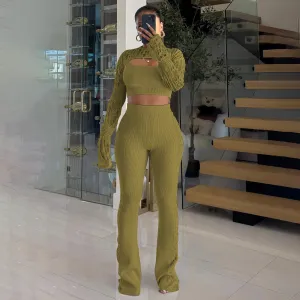 Women Casual Solid Color Hollow Knitted Tank Top Long Sleeve Crop Top Tight Pants Set