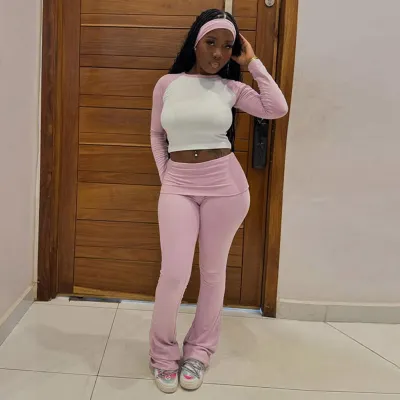 Women's Athleisure Casual Contrast Color Round-Neck Long Sleeve T-Shirt Tight Pants Set with Hairband