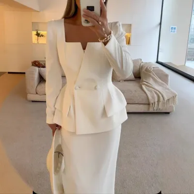Women Fashion Elegant Autumn Winter Long Sleeve Slim Fit Skirt Two-Piece Set