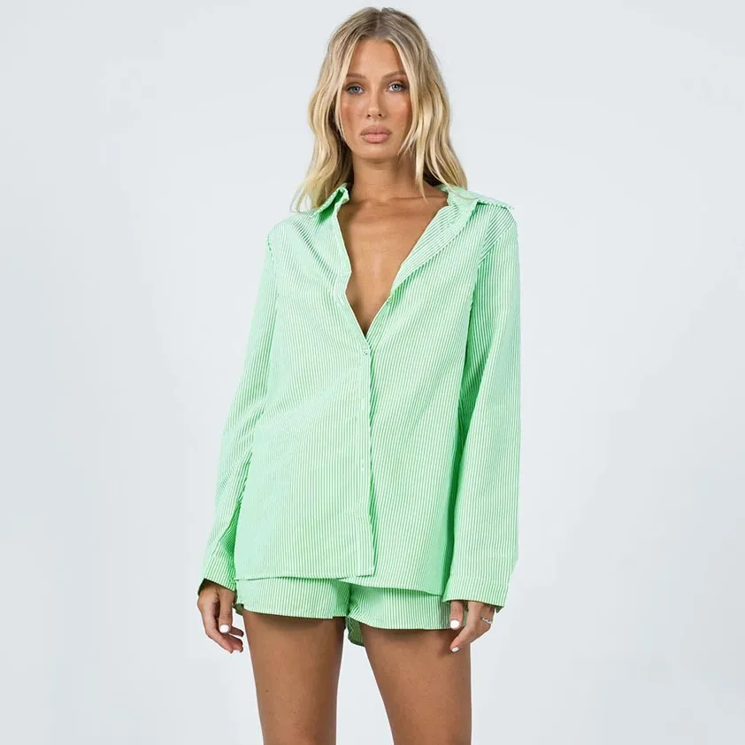 Women Casual Stripe Lapel Long-Sleeve Blouse Loose Shorts Two-Piece Set