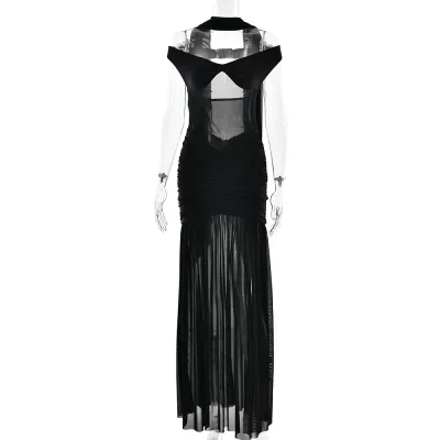 Women Sexy Mesh Off-Shoulder Backless Long Dress with V-Neck and High Waist