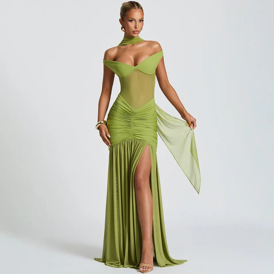 Women Sexy Mesh Off-Shoulder Backless Long Dress with V-Neck and High Waist