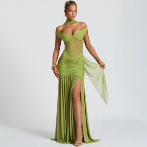 Women Sexy Mesh Off-Shoulder Backless Long Dress with V-Neck and High Waist