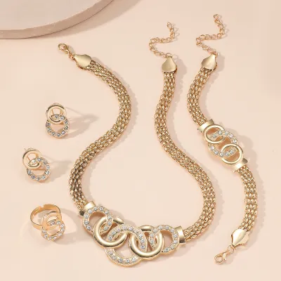 Women's Fashion Rhinestone Cross Ring Necklace Earring Bracelet Four-Piece Set