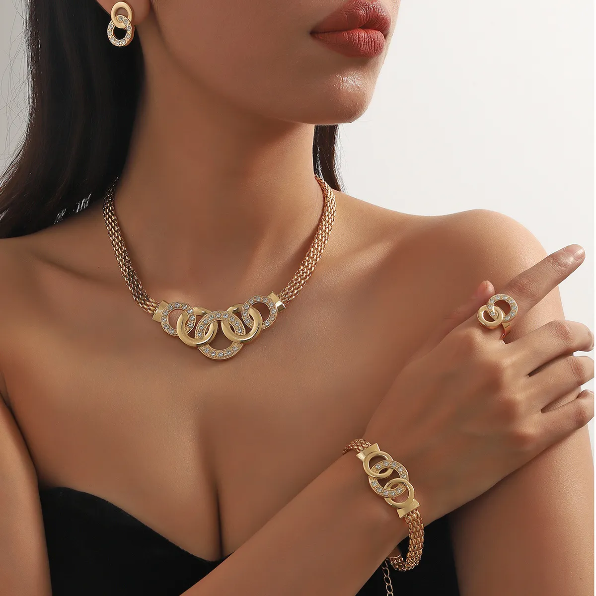 Women's Fashion Rhinestone Cross Ring Necklace Earring Bracelet Four-Piece Set