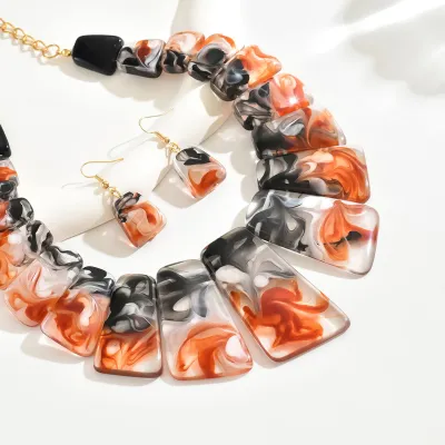 Fashion Women Resin Turquoise Necklace Earrings Two-Piece Set