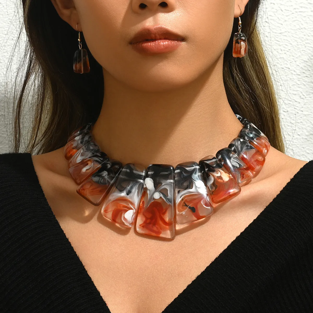 Fashion Women Resin Turquoise Necklace Earrings Two-Piece Set