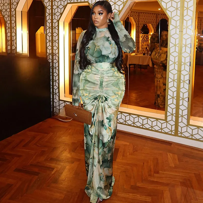 Women Fashion Printed Long Dress High Collar T-Shirt Pleated Skirts Two-Piece Set