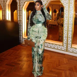 Women Fashion Printed Long Dress High Collar T-Shirt Pleated Skirts Two-Piece Set