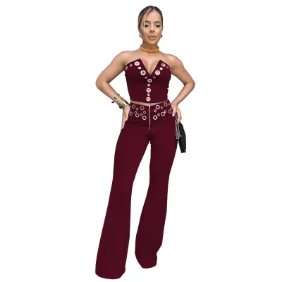 Women Fashion Sexy Metal Buckle V-Neck Tube Top Slim Fit Pants Two-Piece Set