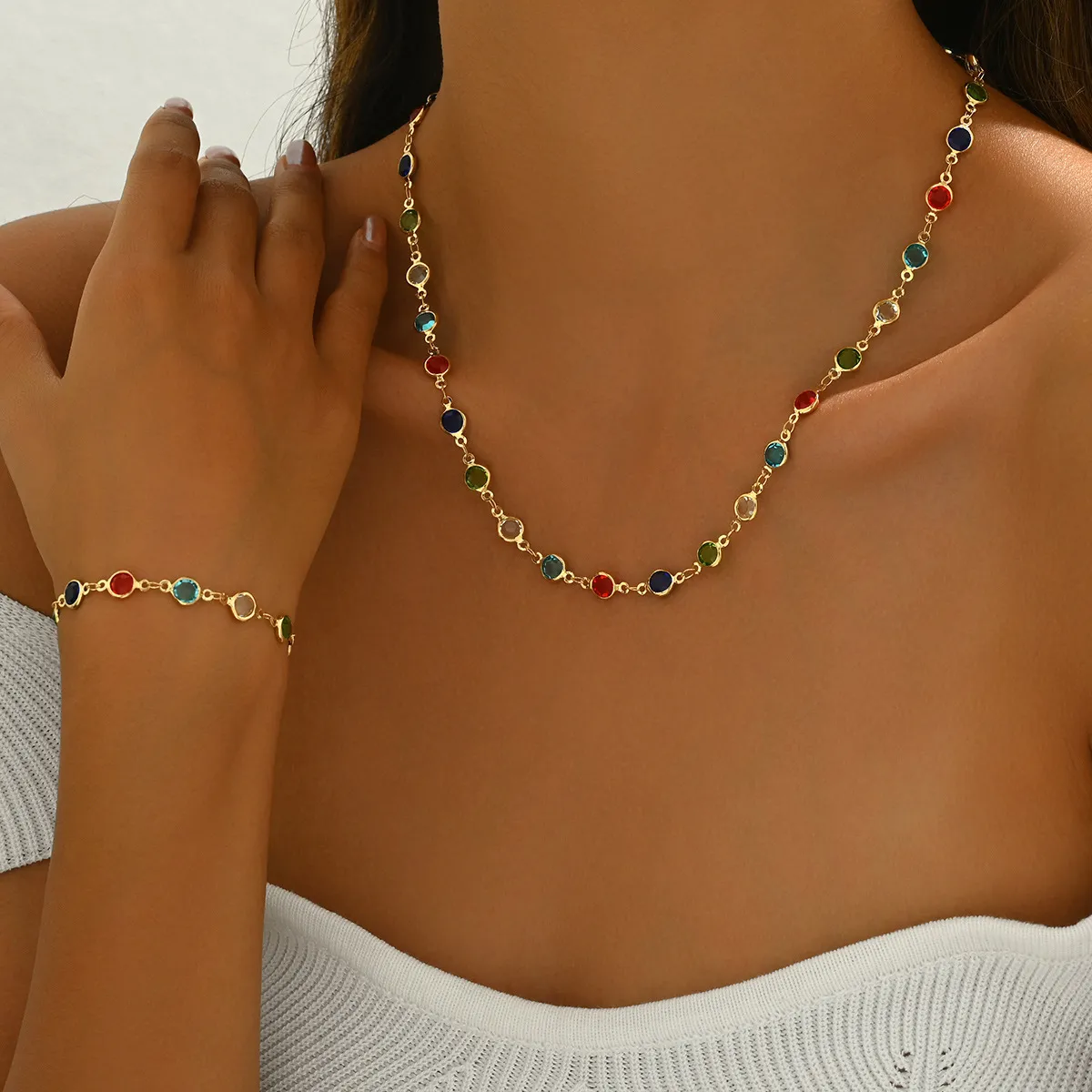 Women's Fashion Multicolor Zircon Ball Chain Bracelet And Necklace Two-Piece Jewelry Set