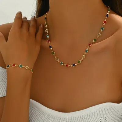 Women's Fashion Multicolor Zircon Ball Chain Bracelet And Necklace Two-Piece Jewelry Set