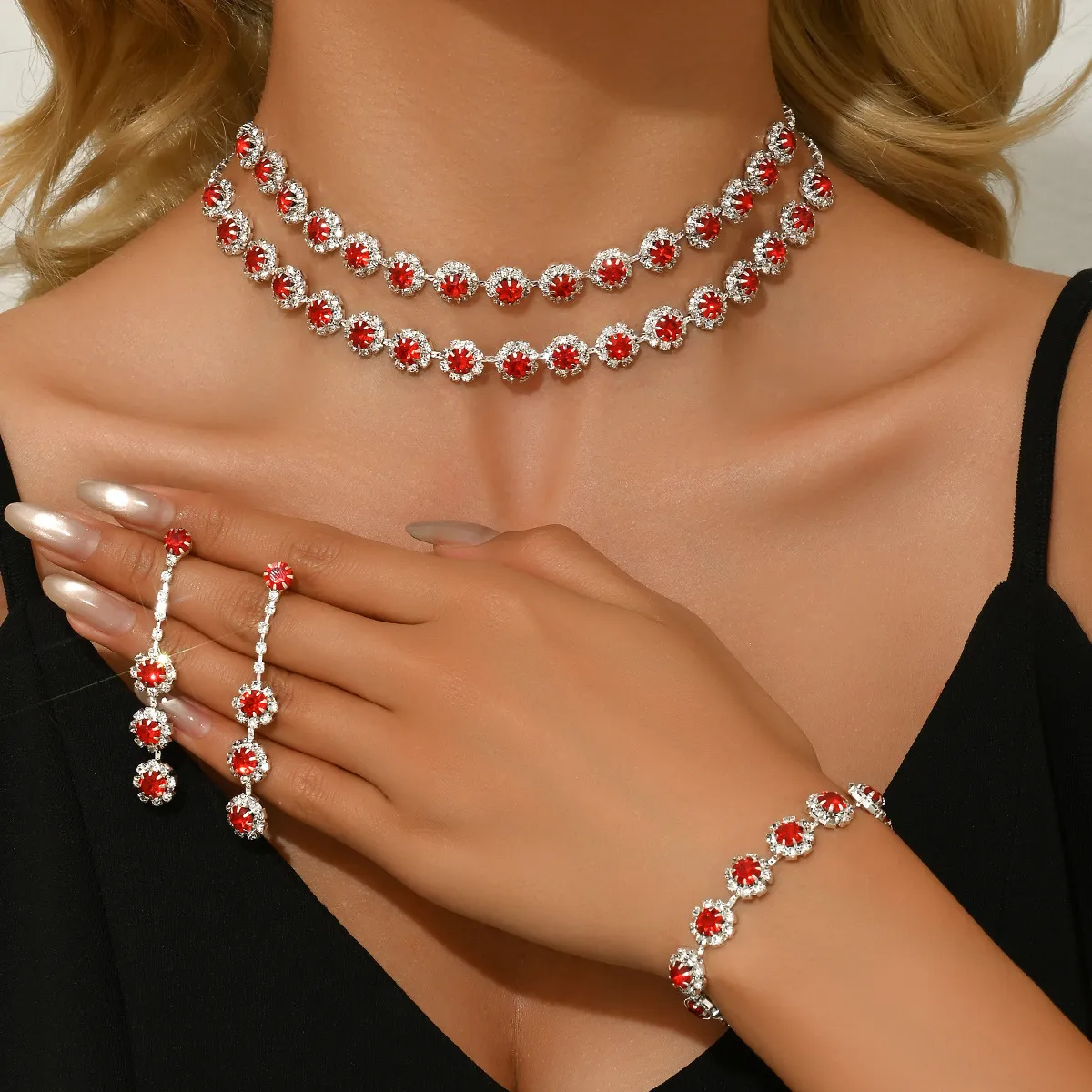 Women Fashion Elegant Solid Color Rhinestone Necklace Earrings Bracelet Three-Piece Set