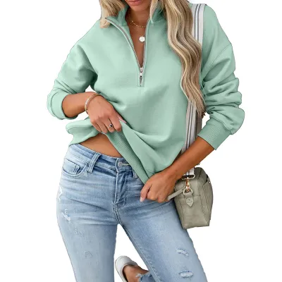 Women Casual Autumn Solid Color Stand Collar Long Sleeve Zipper Sweatshirt
