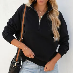 Women Casual Autumn Solid Color Stand Collar Long Sleeve Zipper Sweatshirt