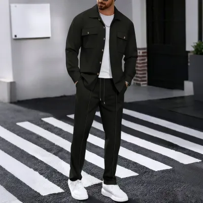 Men Casual Autumn Waffle Solid Lapel Long-Sleeve Coat Slim Fit Pants Two-Piece Set