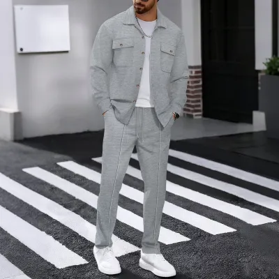 Men Casual Autumn Waffle Solid Lapel Long-Sleeve Coat Slim Fit Pants Two-Piece Set
