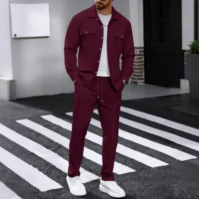 Men Casual Autumn Waffle Solid Lapel Long-Sleeve Coat Slim Fit Pants Two-Piece Set