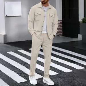 Men Casual Autumn Waffle Solid Lapel Long-Sleeve Coat Slim Fit Pants Two-Piece Set